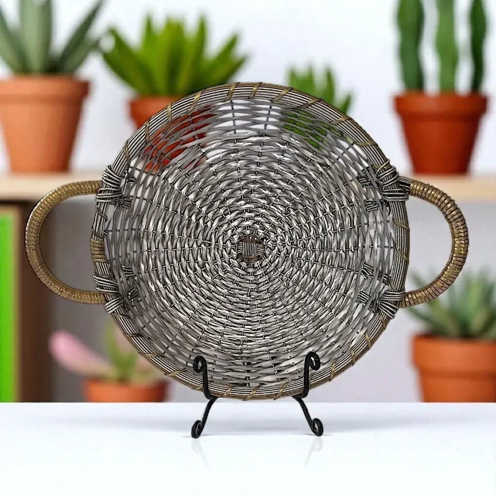 Vintage Woven Metal Wire Basket Tray Handles Silver Tone Rustic Farmhouse Tuscan